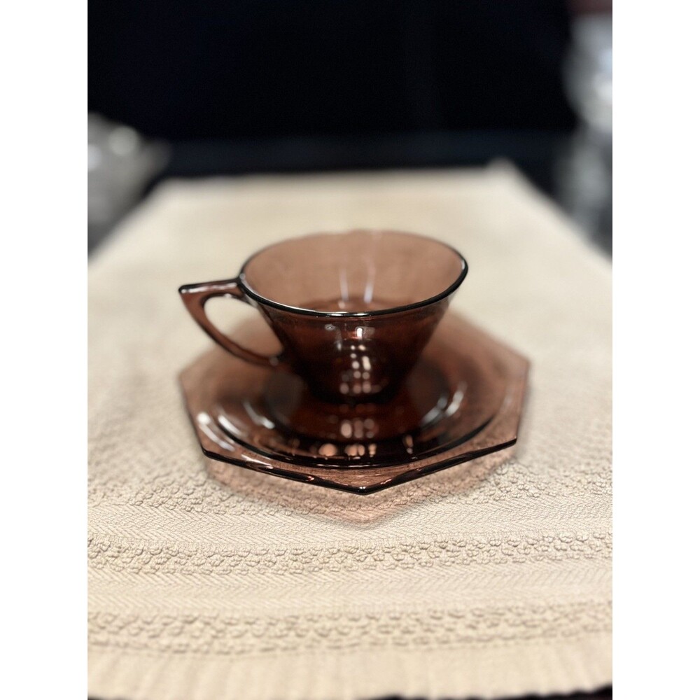 Hazel-Atlas Glass Moroccan Amethyst Octagon Cup and Saucer Set